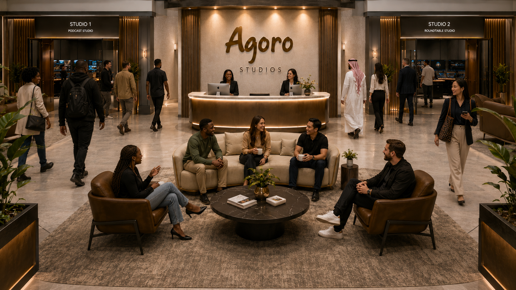 Agoro Studios reception lobby with warm lighting and premium interiors